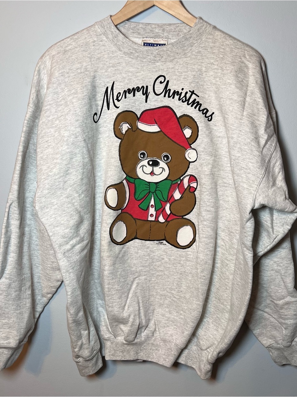 Vintage Christmas Santa Bear Sweatshirt Size Large Gray Pullover Crewneck 1987